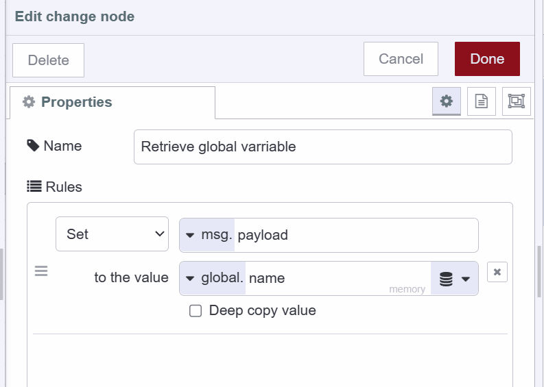 Screenshot showing how to retrieve global variables using the change node "Screenshot showing how to retrieve global variables using the change node"